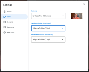 Screenshot of the Settings panel for an active Google Meet video call.