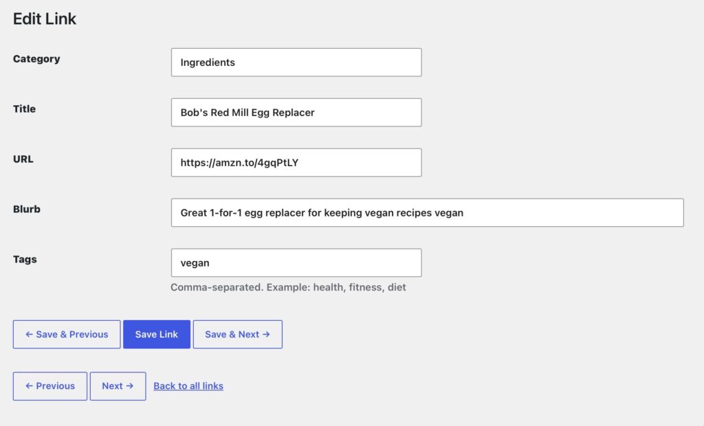 Screenshot of the Add / Edit Link window.