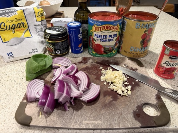 tomato soup ingredients on a counter.